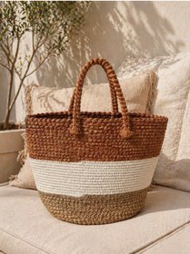 Resim Simple Living Kadın Örgü Handmade Omuz Çantası - Renk Bloklu, Yazlık Büyük Boy Günlük & Dekor & Plaj Çantası 