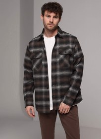 Resim Comfort Fit Shirt Neck Ekoseli Erkek Kahverengi Uzun Kol Gömlek Colin's