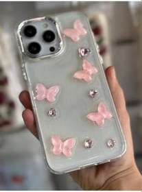 Resim iPhone 14 ProMax Uyumlu Simli Kelebek Desenli Taşlı Silikon Kılıf 