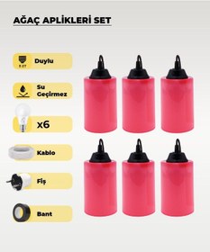 Resim Hazır Şeker Pembe Mavi Silindir Ağaç Feneri - 6 Adet Sarı Işık Ampul, Kablo, Fiş Ve Bant Dahil 