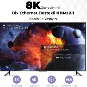 Resim Bix PHD03 8K@60Hz HDMI 2.1 Ethernet 48Gbps. Veri Aktarım - eARC - 3D Ready Destekli Altın Kaplama 3 Metre HDMI Kablo 