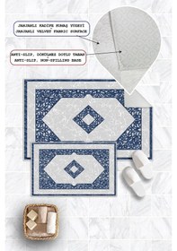 Resim Dijital Baskı Klasik Kaymaz Taban 2li Set Banyo Paspası Klozet Takımı 50x60cm-60x100cm Mavi 