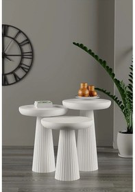 Resim Simillo Wood Ahşap Beyaz 3 Lü Set Mantar Yan Sehpa Fiskos / Wooden Coffee Table / Zigon Sehpa Beyaz 