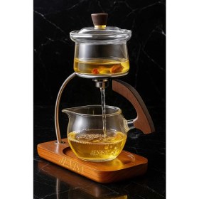 Resim PremiumPort Borosilikat Cam Manyetik Demlik, Ahşap Standlı, Süzgeçli ve Otomatik Çay Demliği 