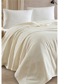 Resim Çift Kişilik %100 Pamuk Pike Örtü 200x230 Cm Karo Desenli Krem Weave Serisi Krem 