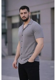 Resim Uslucan Alışveriş Erkek Waffle Kumaş Kısa Kollu Düğmeli Açık Yaka Regular Fit Gömlek - Gri Gri 