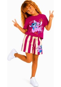 Resim Cg Kids Stitch Ve Angel Kız Çocuk Baskılı Çizgili Şortlu Takım - Fuşya / Mürdüm Pembe 