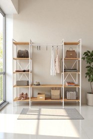 Resim Mobitopya Nilamu Atlantik Çam Elbise Dolabı | Metal Gövdeli Açık Askılık & Organizer Dolap 175*170*34 Cm 