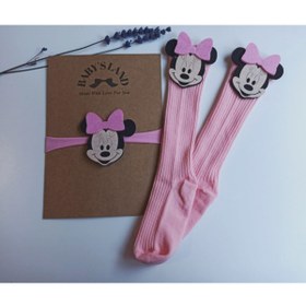 Resim Babyda Kız Bebek/çocuk Pembe Mickeyli Lastik Bandana Ve Pembe Mickeyli Çorap Miki Fare 