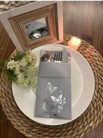 Resim Gümüş Yaldızlı Gri Kelebek Yaprak Detaylı Kumaş Dokulu Air Laid Kanguru Cepli Peçete 6 Lı 