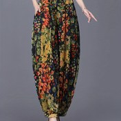 Resim Kadınlar için Retro Çin Esintili Çiçek Baskılı Harem Pantolonları - Canlı Çok Renkli Bol Kesim Makinede Yıkanabilir İlkbahar Yazlık Rahat Pantolonlar, Şeffaf Olmayan Kumaş 