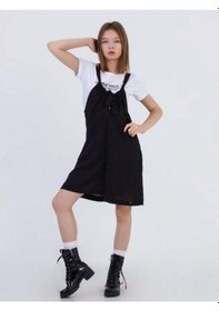 Resim Zekids Kız Çocuk Askılı Kısa Tshirt İle Takım Keten Tulum-13784 Siyah 