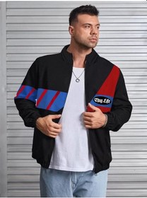 Resim Unisex Uzun Koll Fermuarlı Baskılı Rüzgarlik - Siyah Siyah 