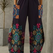 Resim Kadın Yüksek Bel Çiçek Desenli Geniş Paça Pantolon ile Lastikli Bel - Canlı Geometrik Desen, Hafif Polyester, İlkbahar/Yaz Modası, Boho-Şık Tarz ve Rahat Gündelik Giyim İçin Mükemmel 