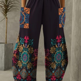 Resim Kadın Yüksek Bel Çiçek Desenli Geniş Paça Pantolon ile Lastikli Bel - Canlı Geometrik Desen, Hafif Polyester, İlkbahar/Yaz Modası, Boho-Şık Tarz ve Rahat Gündelik Giyim İçin Mükemmel 
