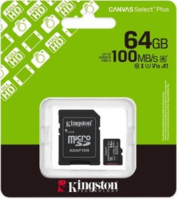 Resim Kıngston Sdcs3/64gb, Canvas Select Plus Gen3 A1, 100mb/s, Microsd Kart Bellek Sd Adaptörlü 
