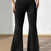 Resim Şık Yüksek Bel Siyah Flare Pantolonlar Dantel Detaylı - Esnek Polyester Karışımı, Makinede Yıkanabilir, Kadınlar için Her Mevsim Uçlu Pantolonlar 