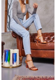 Resim Jatte Kadın Fusya Bantli Taş Detay Topuklu Sandalet Orange 