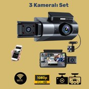 Resim ERG 3 Kameralı Wi-Fi Akıllı Araç Kamerası Full HD Gece Görüşlü Geniş Açı,Akıllı Telefon Bağlantılı 