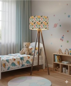 Resim Arılar Ve Çiçekler Desenli Masif Çam Ayaklı Kumaş Tripod Lambader Çok Renkli 