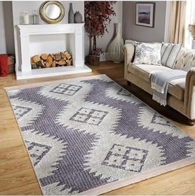 Resim RealHomes Gri Zeminde Baklava Motifli Kilim Desenli Bohem Sade & Şık Koridor & Kaymaz Taban Saçaklı Halı HaliDik-Deluxe-11008, 80 x 400 