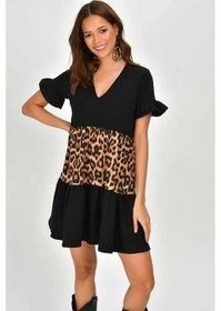 Resim Aqe Fashion Kadın V Yaka Leopar Desenli Bloklu Elbise Leopar & Siyah Leopar 