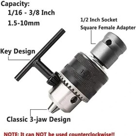 Resim Aesco 1,510 mm 1/16 Inç - 3/8 Inç Kapasiteli Anahtar Matkap Mandren Anahtarı Dönüştürücü 1/2 Inç Soket Dişi Adaptör 