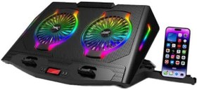 Resim Dizüstü Bilgisayar Laptop Stand Ve Soğutucusu RGB Renkli Oyuncu Laptoplarına Özel 2 Büyük Fanı İle Hızlı Soğutma 2 USB Girişli Fonksiyonel Çok Amaçlı Telefon Tutucu Özellikli 