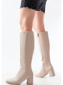 Resim Rs-2432 Bej Topuklu Fermuarlı Günlük Kadın Çizme Bej 