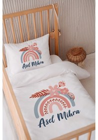 Resim %100 Pamuk Saten Isme Özel Isimli 100x150 Bebek Yatak Nevresim Seti Çiçekli Gökkuşağı Ve Yapraklar 