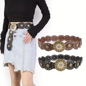 Resim 1 adet Kadın Vintage Batı Tarzı Kemer - Oymalı Çiçek Desenli Ayarlanabilir PU Deri Bel Bağcığı, Retro Kahverengi & Altın Tonlu Moda Aksesuarı Kot ve Günlük Kıyafetler için, Detaylı Delikler 