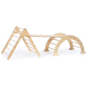 Resim Foldable Mountain Triangle & Rainbow Arch Climbing Set in Natural Finish - Ladder/Slide Ramp 