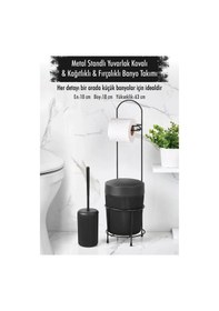 Resim Metal Standlı Yuvarlak Kovalı & Kağıtlıklı & Fırçalıklı Siyah Banyo Takımı Çok Renkli 