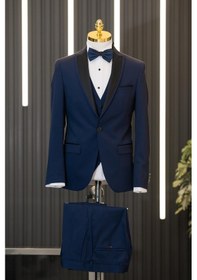 Resim Slimfit Armürlü Sivri Çıkmalı Yaka Yelekli Papyonlu Smokin Takım Elbise 001 