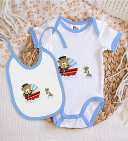 Resim Bk Kids Sevimli Kaptan Tasarımlı Mavi Bebek Body Zıbın Ve Mama Ön Çok Renkli 