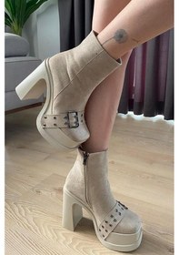 Resim Kadın Kırem Süet Toka Detaylı 12 Cm Platform Topuklu Fermuarlı Bot Krem 