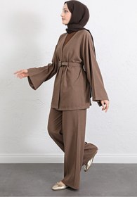 Resim MODAQU Kemerli Kimono Pantolon İkili Takım - Kahverengi 