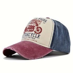 Resim Vintage Klasik Yıkanmış Beyzbol Şapkası Motosiklet Desenli Harfli Snapback Şapka - Açık Hava Seyahati İçin Temel, Eğri Kenarlı Çok Renk Seçeneği Mevcut 
