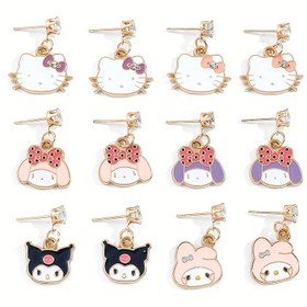 Resim Sanrio Hello Kitty & Kuromi Çivi Küpeler - Parıldayan Taşlı Sevimli Karikatür Tasarım, Çinko Alaşım, Günlük Kıyafet veya Hediye İçin Mükemmel 
