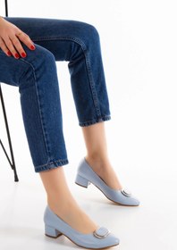 Resim MFT AYAKKABI Kadın Mavi Suni Deri Kısa Topuklu Stiletto Tokalı 