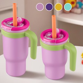 Resim 1'li Paket Emode Çift Cidarlı Sızdırmaz Termos Bardak - 14oz/17oz Sıvı Geçirmez Yumuşak Pipet ve Tutacaklı, BPA İçermeyen Paslanmaz Çelik, Pastel Pembe - Ofis, Seyahat, Hediye (Noel, Cadılar Bayramı, Paskalya) için Uygun - Pipet Uyumlu, Seyahat Kahve Termosu, Renkli Tutacak Tasarımı, Sıcak ve Soğuk İçecekler, Şık ve Dayanıklı, Yeniden Kullanılabilir, Çevre Dostu İçecek Kabı 