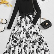 Resim Kızların Vintage Çiçek Desenli Fit ve Flare Elbisesi, Polyester %95 Spandex %5, Mürettebat Boyun Uzun Kollu Kuşak ile, İlkbahar Örgü Kumaş A-Line Çocuk Elbisesi 