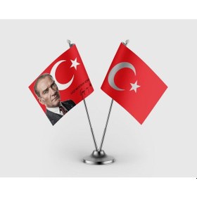 Resim Gazi Mustafa K. Atatürk Ve Türk Bayrağı İkili Saten Masa Bayrağı Takımı Diğer 