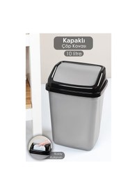 Resim Kapaklı Plastik Çöp Kovası - Ev Ofis Banyo Mutfak Çöp Kovası Gri 10 Litre Gri 
