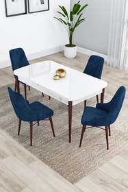 Resim Canisa Kar Serisi, 80x132 Açılabilir Mdf Mutfak Masa Takımı, Beyaz Masa Ceviz Ayak 4 Lacivert Sandalye 