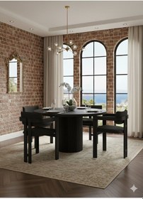 Resim Verona Doğal Ahşap Yuvarlak Yemek Masası Takımı 4 Kişilik Modern Scandinavian Stil Siyah Siyah 