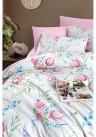 Resim Mystory Home Lastikli Çarşaflı Çift Kişilik Nevresim Takımı Tulip Pembe - Yeşil 