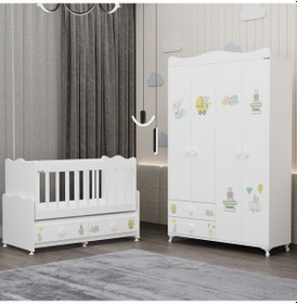 Resim Elegant Beşik Ve Yıldız 4 Kapaklı Dolap- Ayıcık Beyaz 