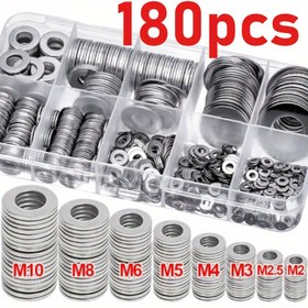 Resim 180 parça düz pul seti, 8 boyut (M2-M10) vidalar için 