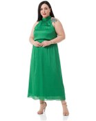 Resim Büyük Beden Boyundan Bağlamalı Beli Lastikli Saten Uzun Yeşil Elbise-yeşil Yeşil 